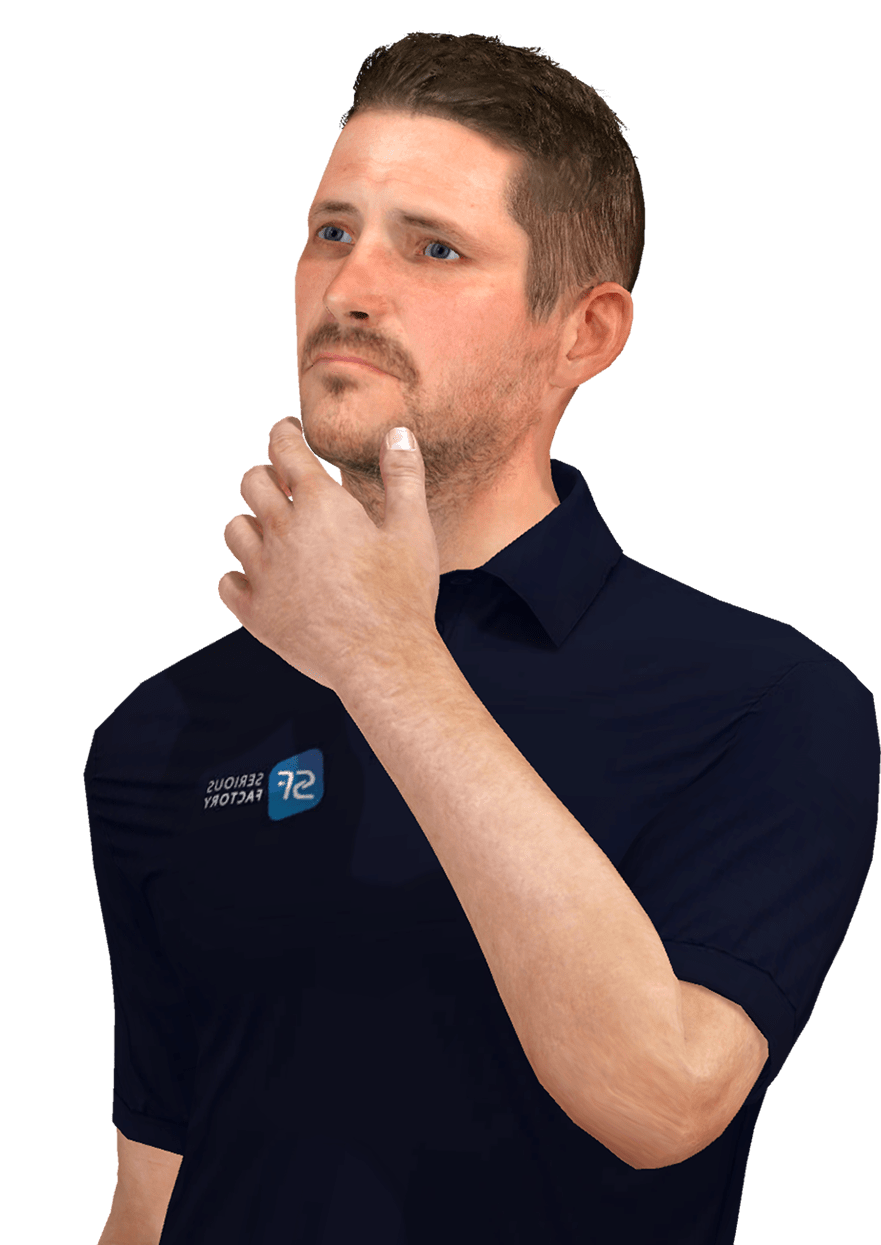 Personnage de Virtual Training Suite triste qui semble chercher quelque chose