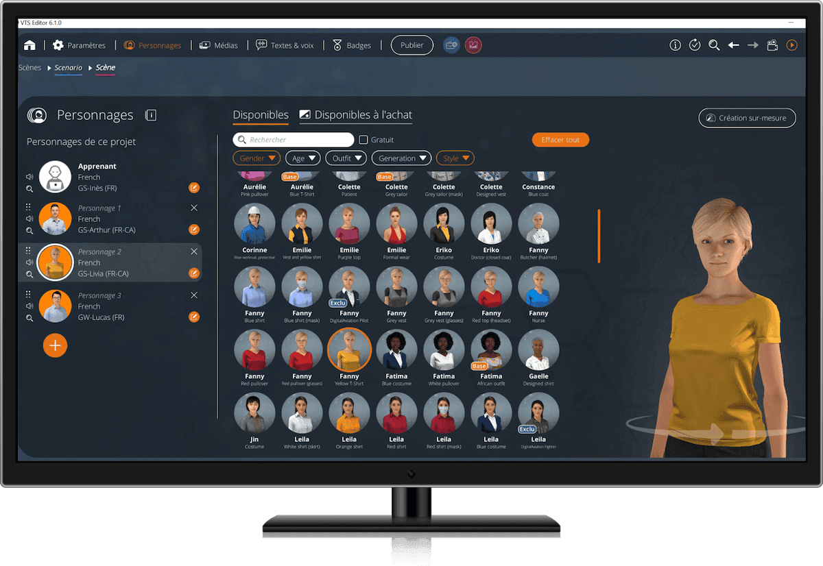 Écran de sélection des personnages dans VTS Editor